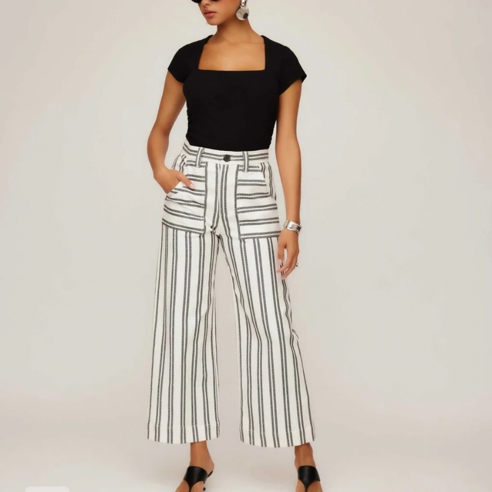 NWT Fifteen Twenty High-Rise Wide-Leg Striped Pants - Black & White